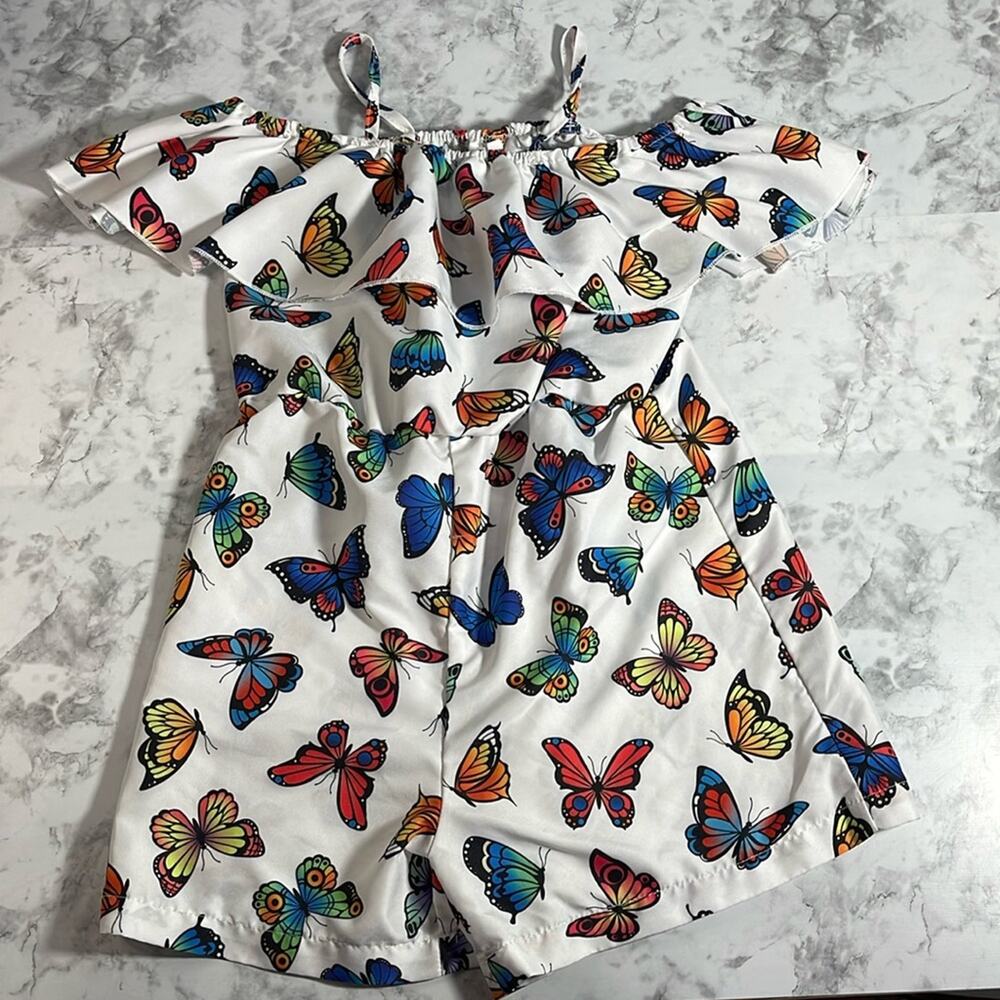 Temu Butterfly Shorts Romper with White Background and Ruffle at the Top